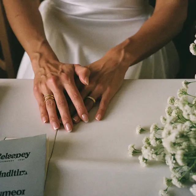 two hands with new wedding rings beside a bunch of white flowers
