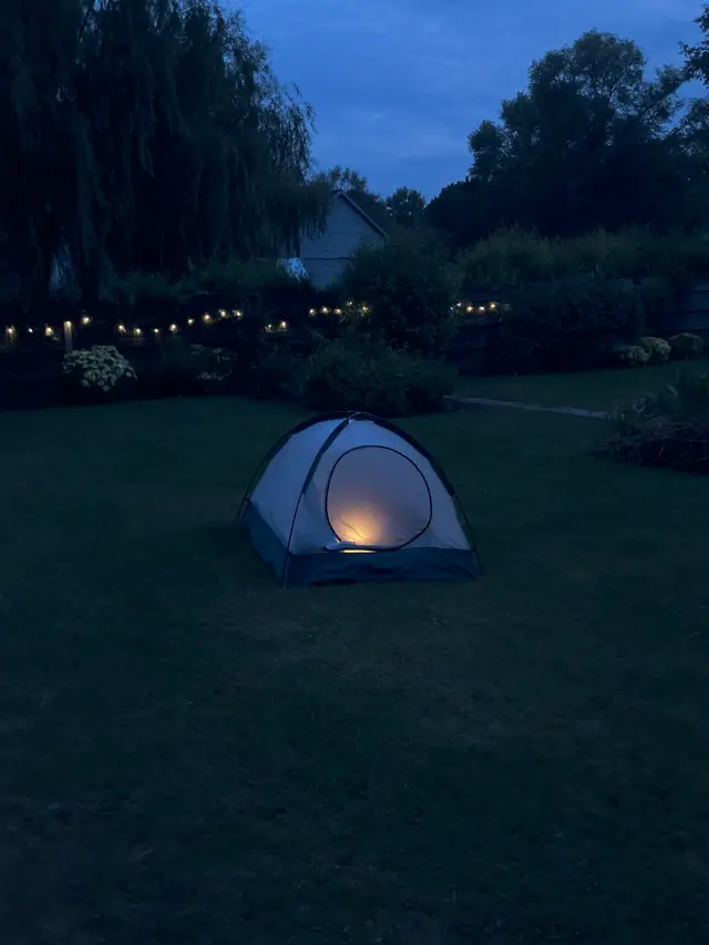 a glowing tent in a backyard at dusk under string lights