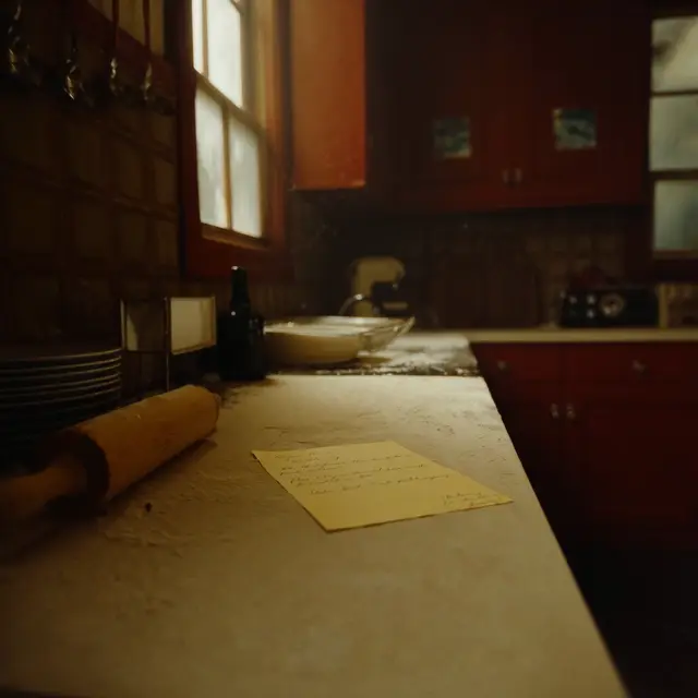 a handwritten recipe card on a floured kitchen counter